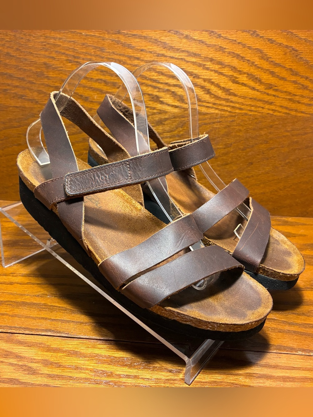 Naot Israel Brown Leather Comfort Strappy Sandals Hook & Loop EU 41 US 10-10.5